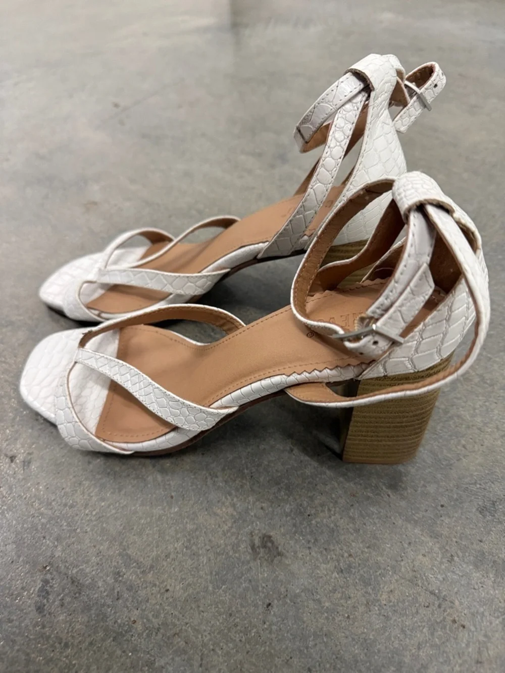 Crevo White Croc-Embossed Ankle Strap Heels
